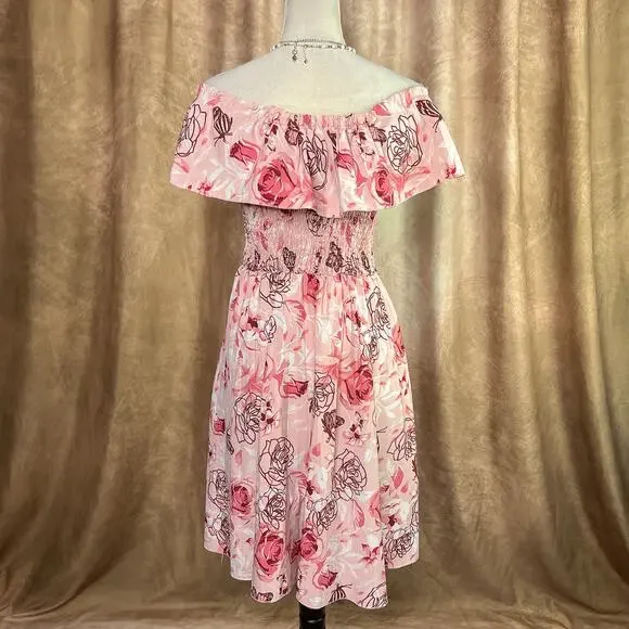 Y2K Ruffled Dress Midi Smocked Top Floral Rose Butterfly Pink Fairy Folk Spring - Picture 2 of 5